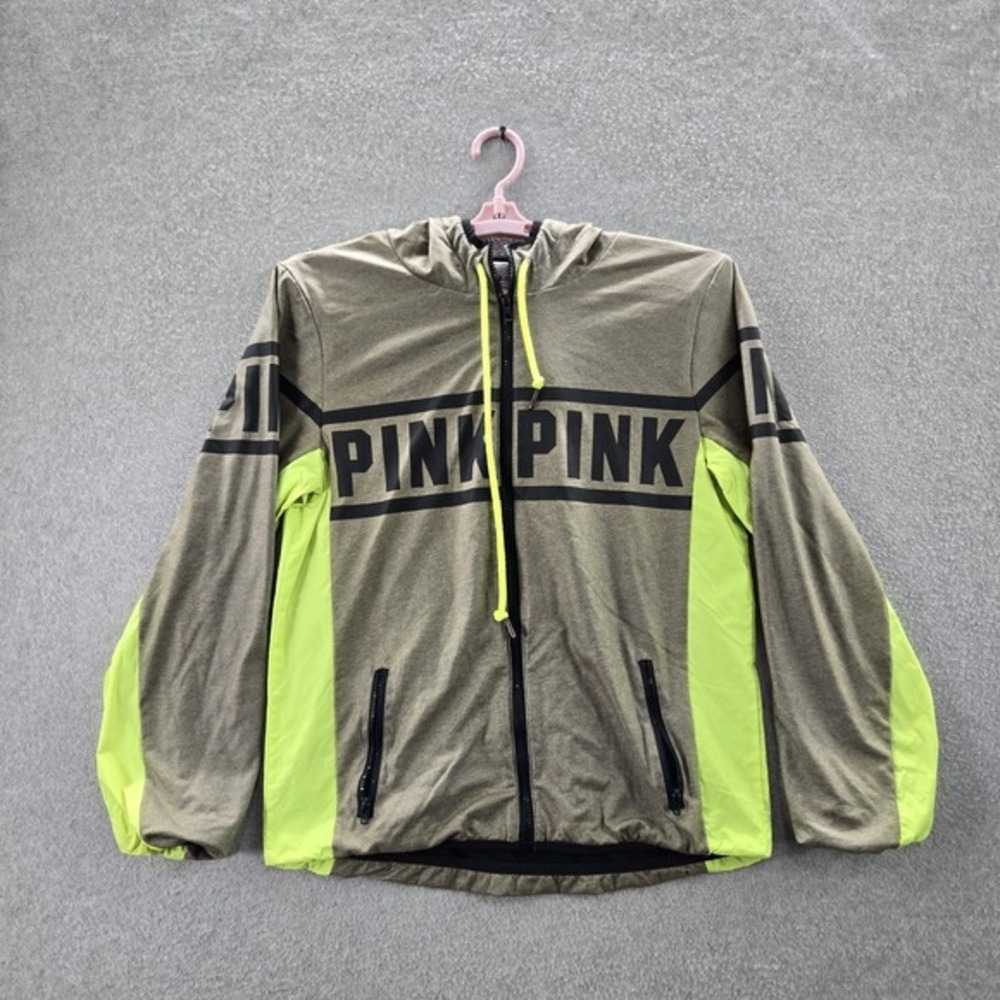 PINK Victoria's‎ Secret Women Jacket XS-S Olive Colorblock Logo Zipper